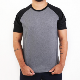 CAMISETA RAGLAN CINZA MESCLA / PRETO 100% POLIESTER PARA SUBLIMAO